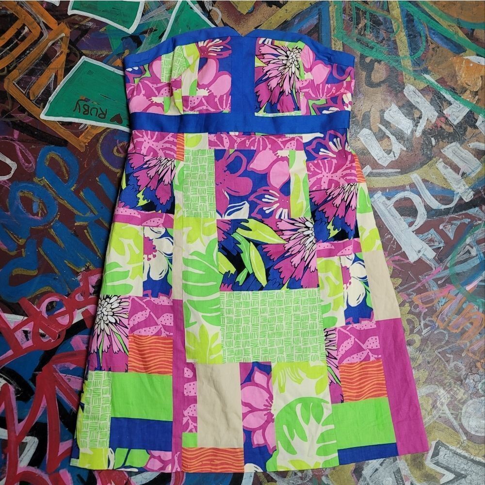 Vibrant Lilly Pulitzer Strapless Patchwork Dress … - image 1